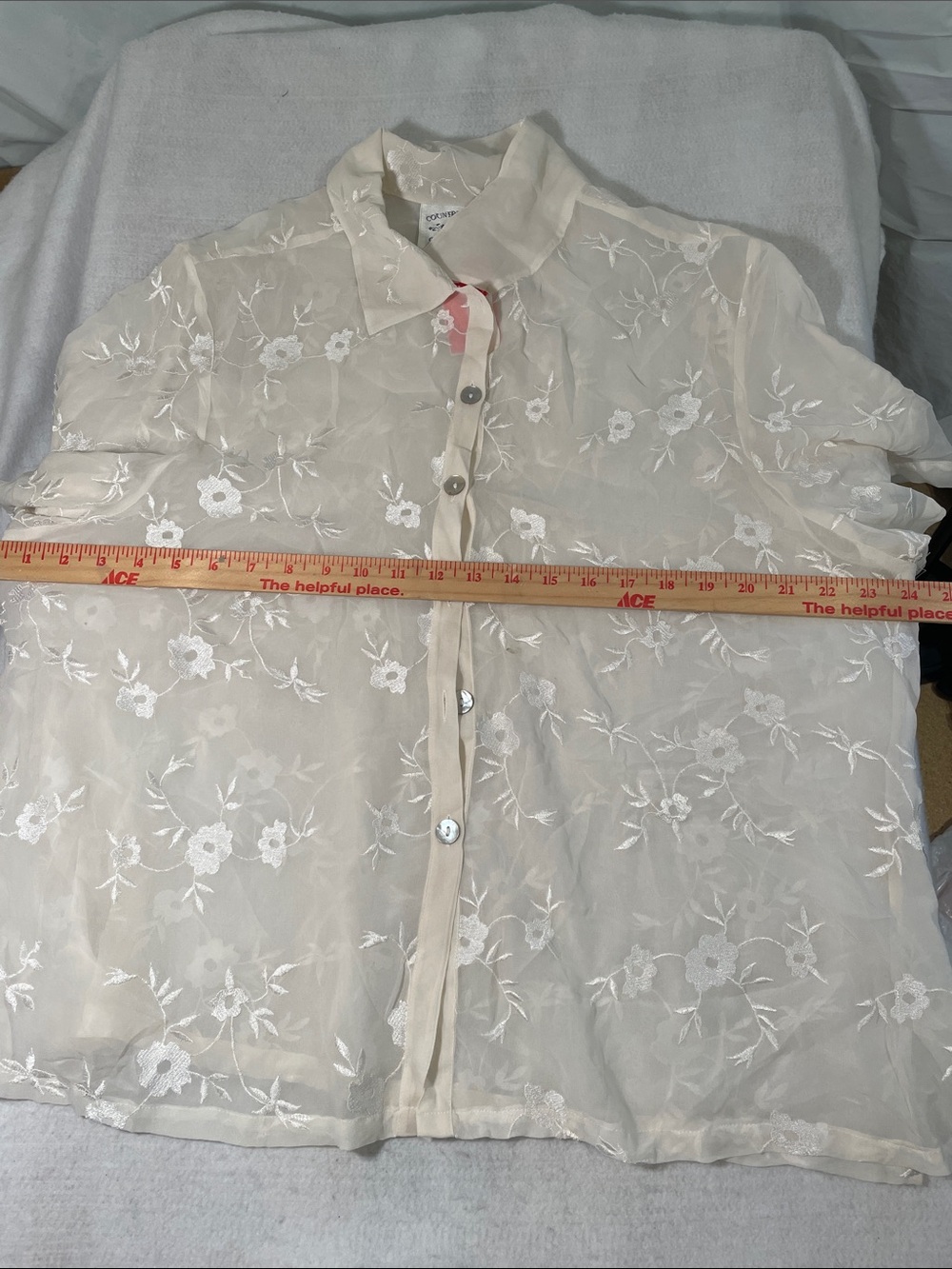 100% Silk Women's Cream Floral Embroidered Button-Up Blouse - Picture 7 of 8